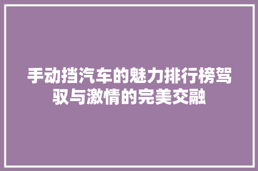 手动挡汽车的魅力排行榜驾驭与激情的完美交融