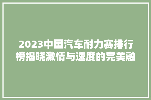 2023中国汽车耐力赛排行榜揭晓激情与速度的完美融合
