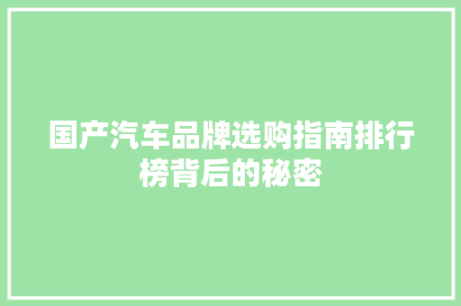 国产汽车品牌选购指南排行榜背后的秘密