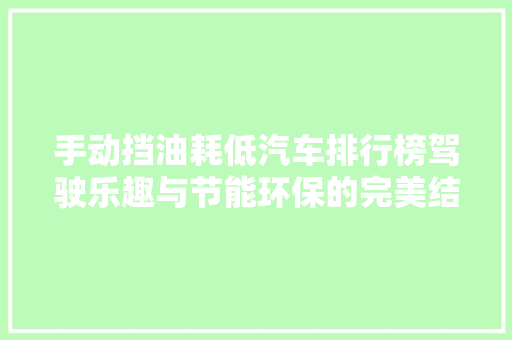 手动挡油耗低汽车排行榜驾驶乐趣与节能环保的完美结合